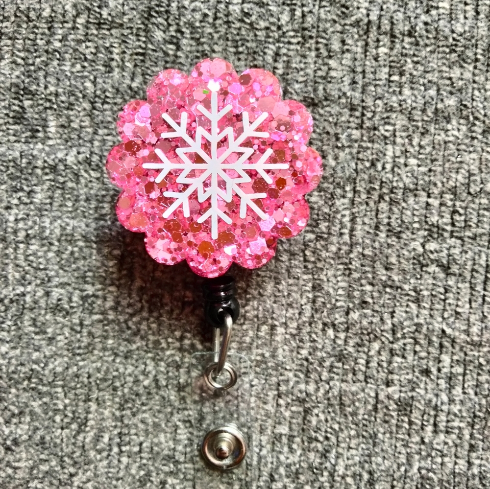 Pink Christmas Snowflake Retractable Name Badge Reel ID Holder